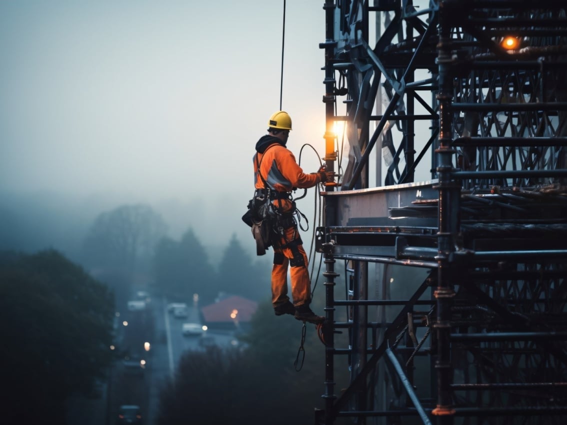 Arbeiter auf Telekommunikationsmast bei der Arbeit
