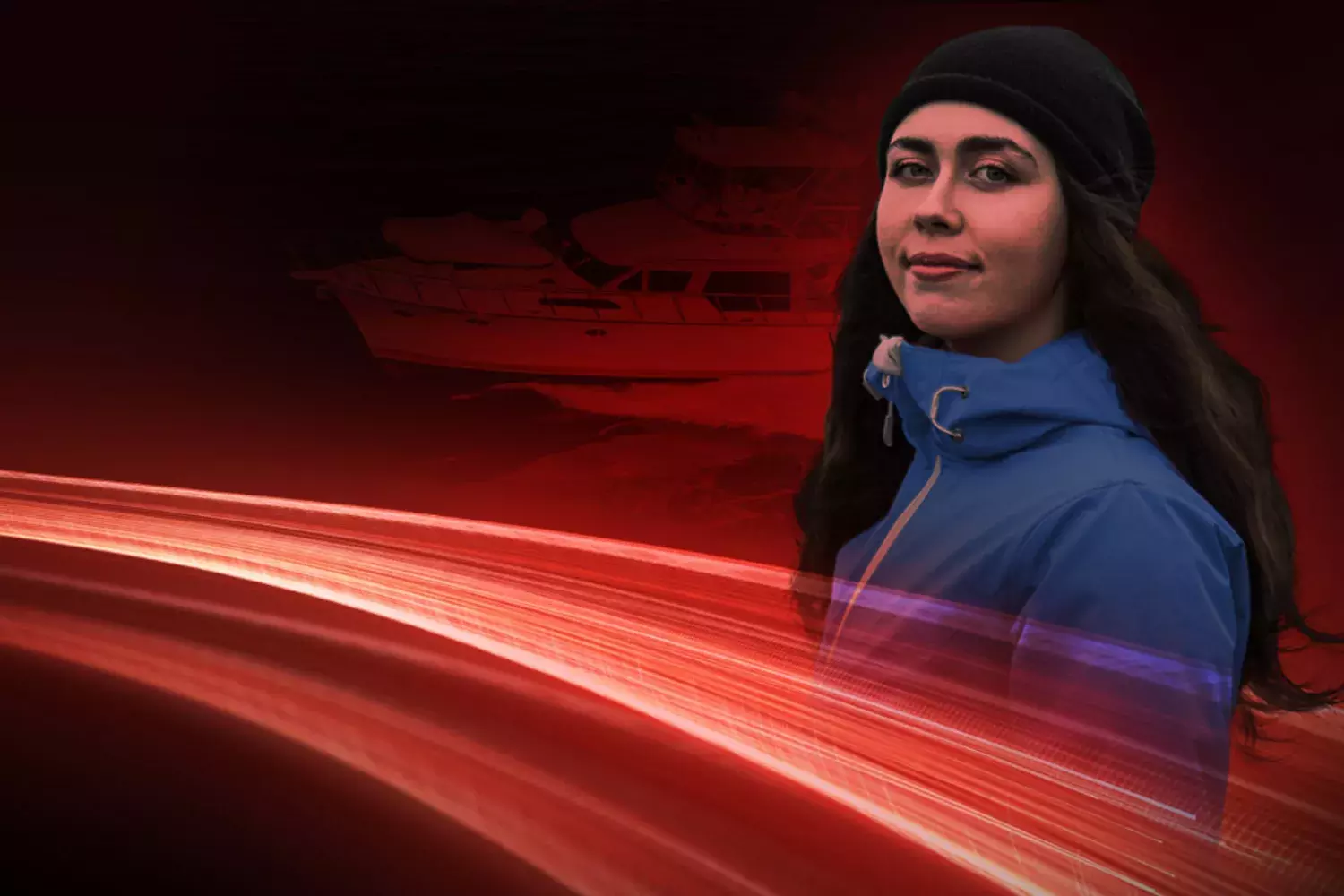 Une femme en veste bleue regarde la caméra entourée de lignes de lumière rouges