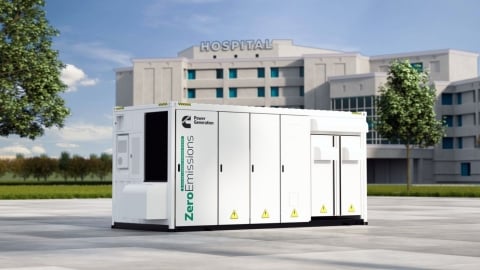 CGI du conteneur du système de stockage d’énergie par batterie devant l’hôpital
