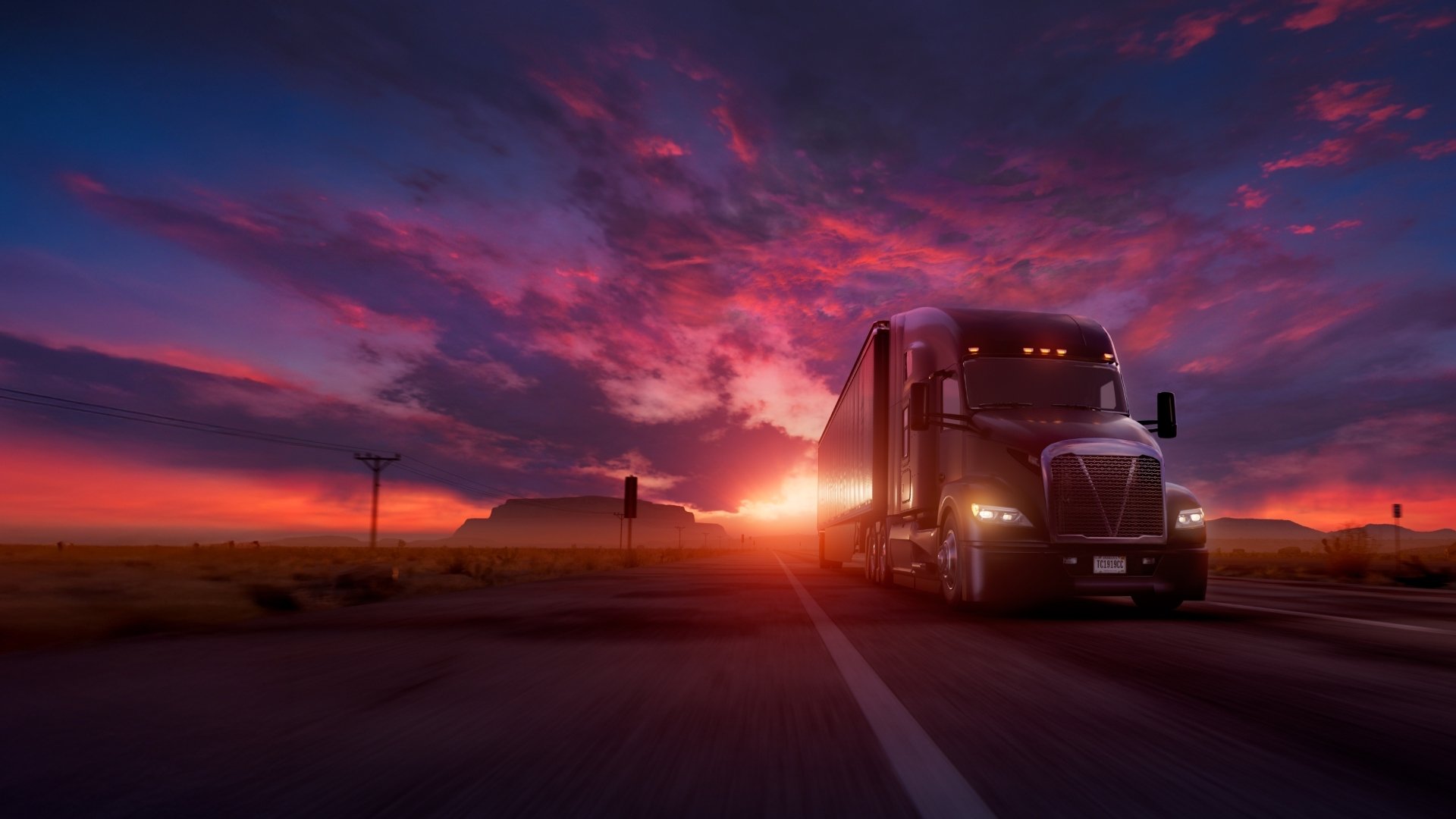 Conduite de camion avec le coucher de soleil derrière.