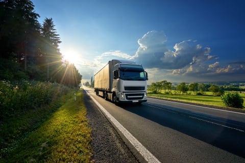 Un camion roulant sur une autoroute devant le soleil qui brille au-dessus d’une forêt.