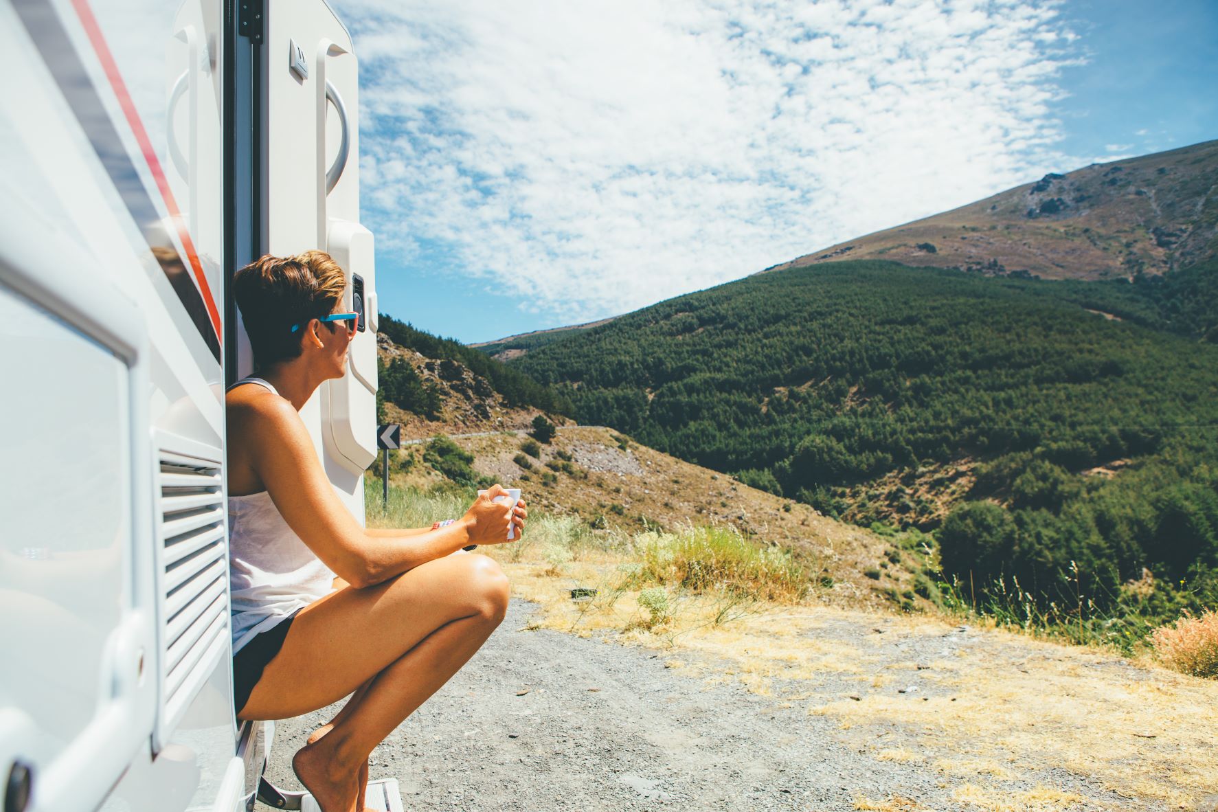 Viaggiatore in camper che guarda un bellissimo paesaggio tranquillo