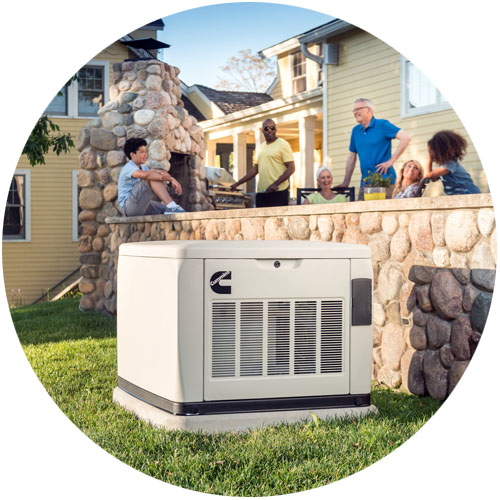 home standby generator displayed outside of house with family gathering on porch