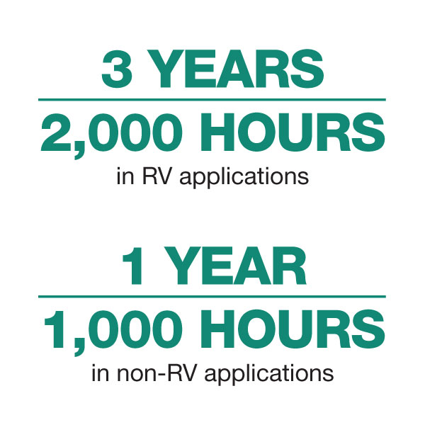 warranty infographic: 3 years, 2000 hours in RV applications, and 1 year, 1000 hours in non-RV applications