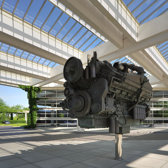 cummins office building entrance with engine display