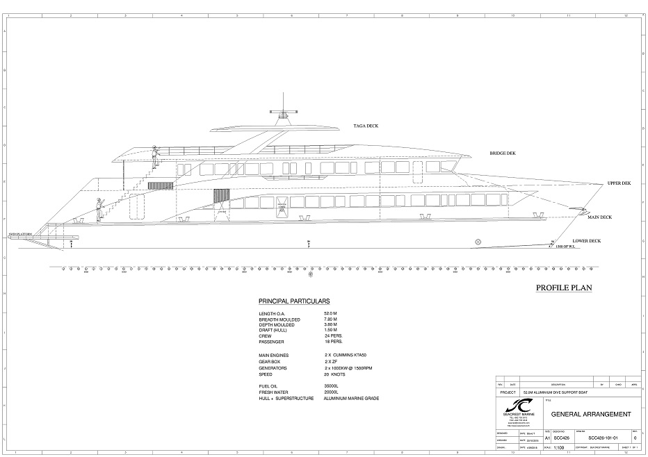 A profile line drawing of the dive support vessel.