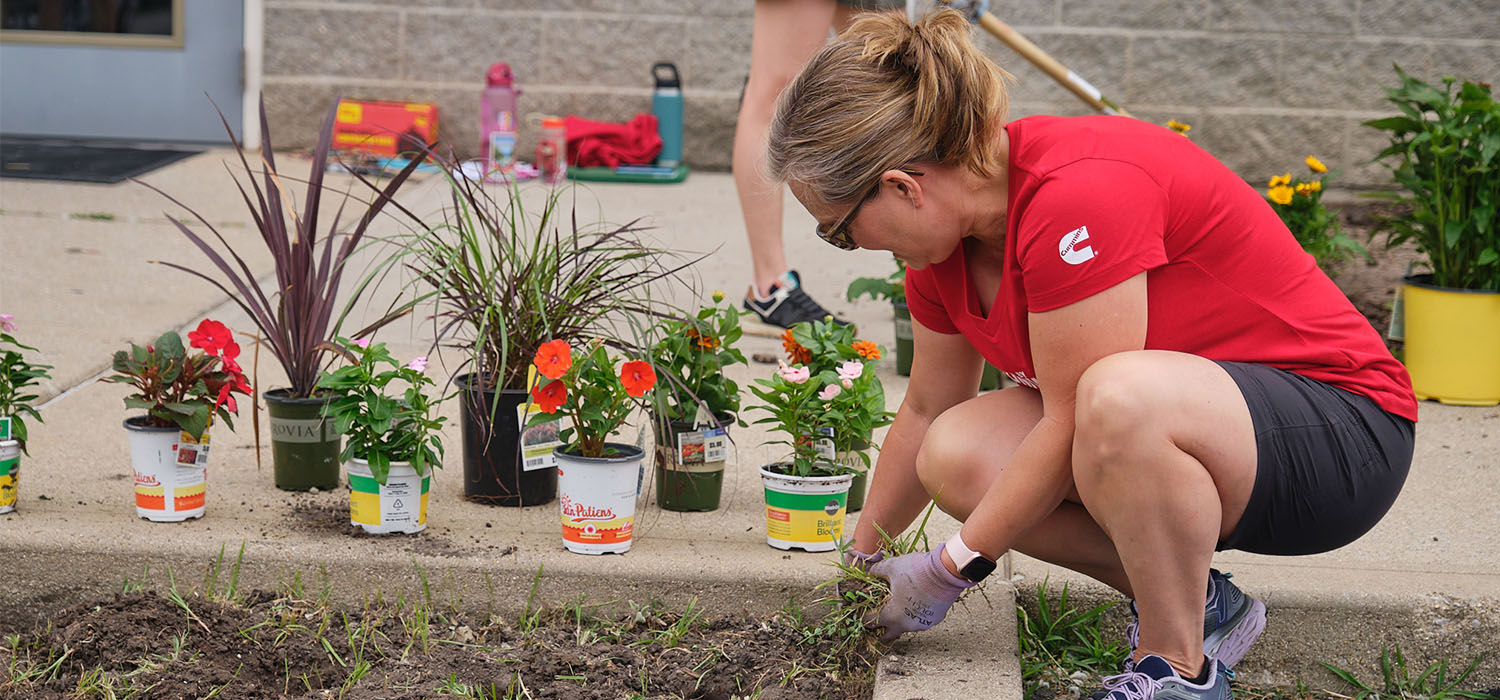 Employee in red shirt planting flowers