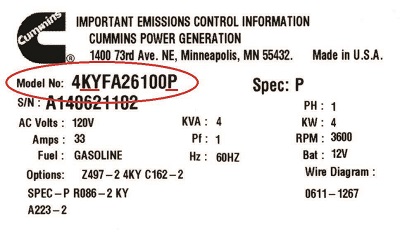 Image of an RV Generator dataplate with model number highlighted.