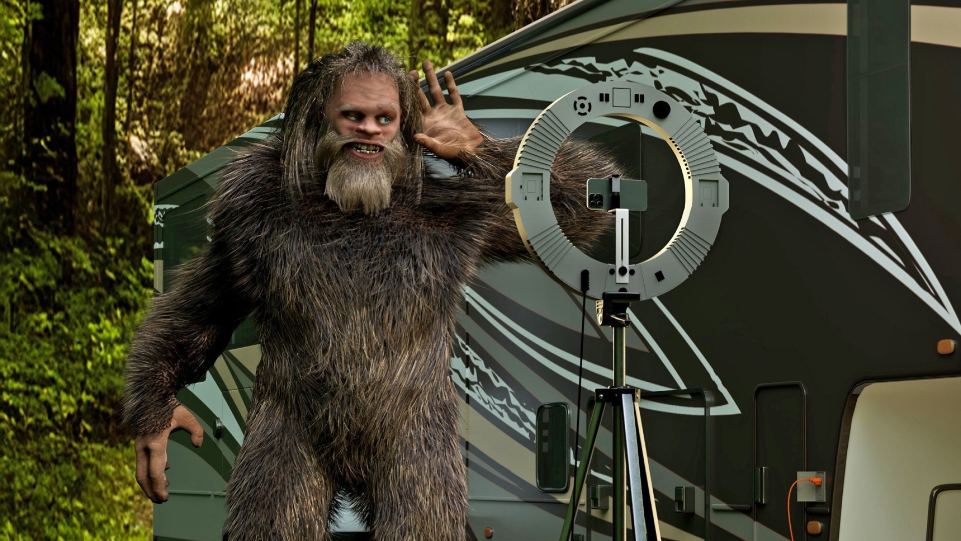 bigfoot making social media content while camping with RV