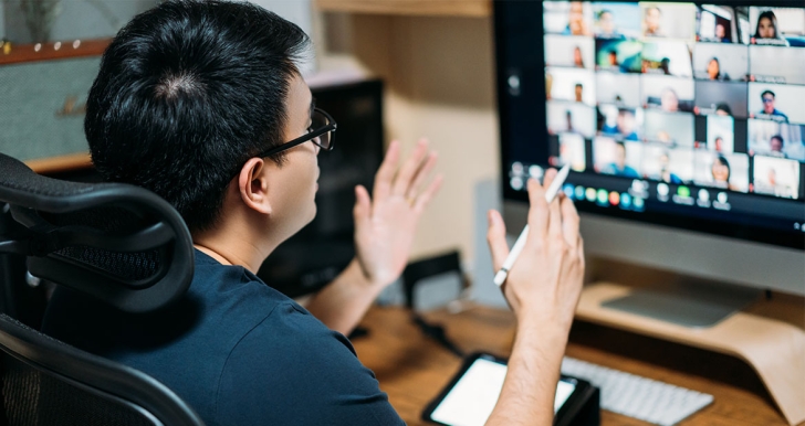 Employee speaking virtually on a Zoom conference call 