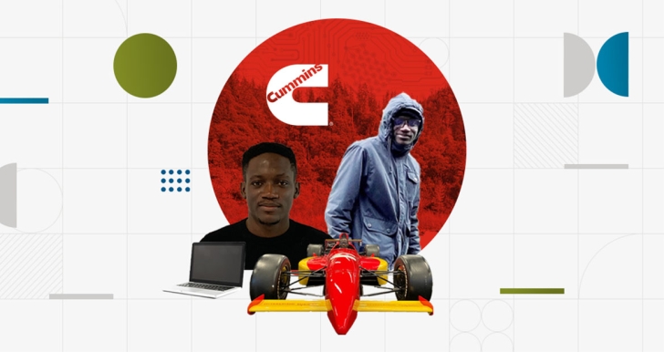 La foto de Mayowa se muestra delante de un fondo rojo