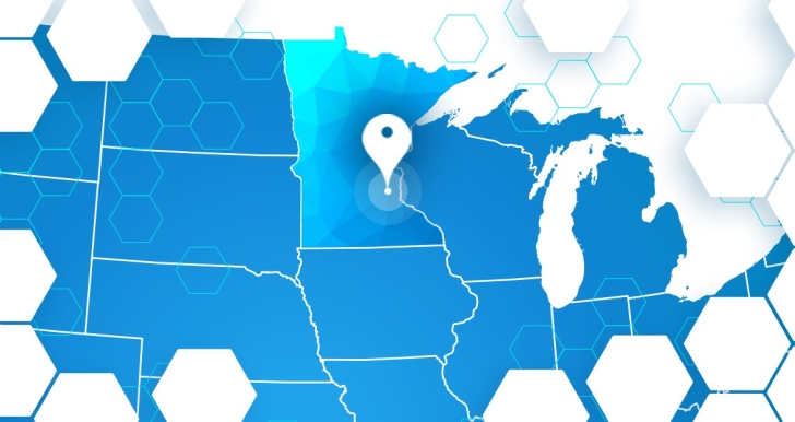 US-Landkarte mit auf Fridley, MN abgelegtem Pin