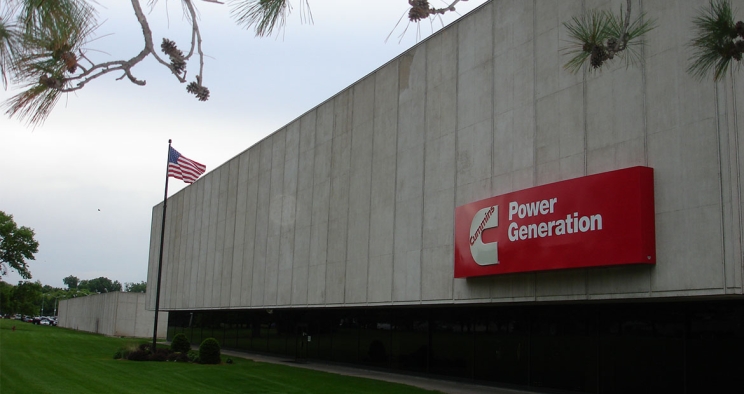 Cummins logo at the entrance of Fridley plant