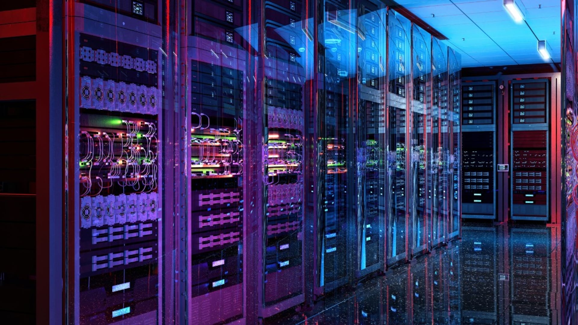  Illuminated server racks inside a modern data center, with glowing cables and equipment