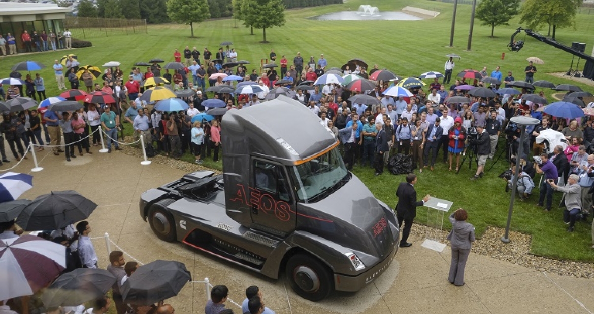 AEOS, Cummins' all electric concept truck, is unveiled to the public in 2017. It is helping Cummins study the use of electrification in larger trucks.