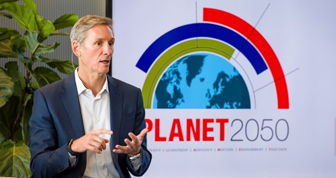 Cummins Chairman and CEO Tom Linebarger announces PLANET 2050, the company’s environmental sustainability strategy, at a forum last month. The strategy is consistent with the company's efforts to do good in the communities where it does business. Cummins Chairman and CEO Tom Linebarger announces PLANET 2050, the company’s environmental sustainability strategy, at a forum last month. The strategy is consistent with the company's efforts to do good in the communities where it does business.