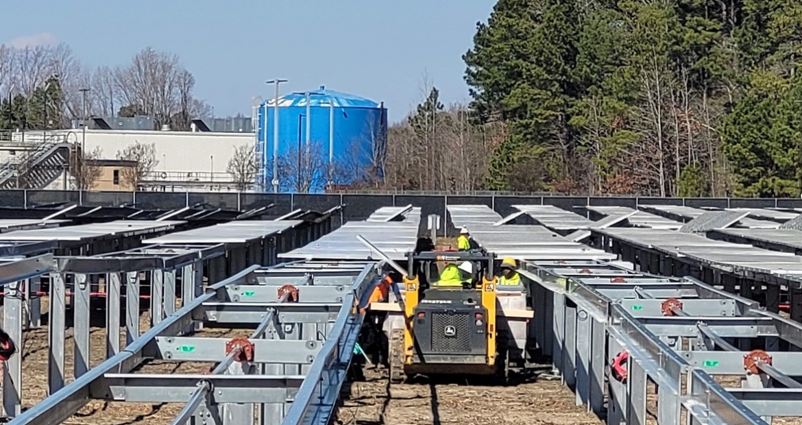 Crews install a solar array at Cummins' Rocky Mount Engine Plant in North Carolina. Crews install a solar array at Cummins' Rocky Mount Engine Plant in North Carolina.