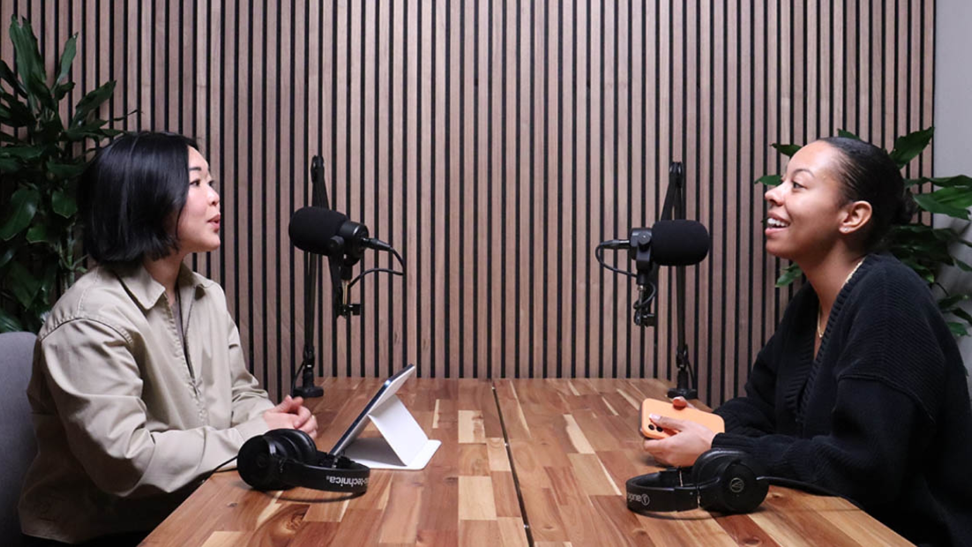 Podcast host and guest speaking