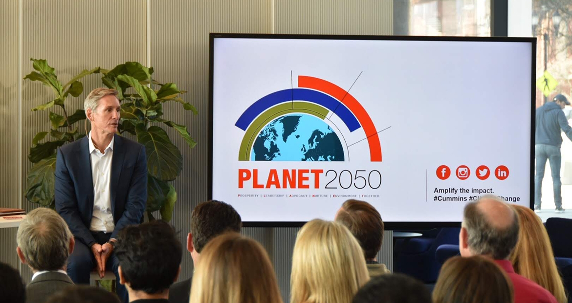 Cummins Chairman and CEO, Tom Linebarger, unveils Cummins' PLANET 2050 environmental strategy during a town hall held Nov. 15, 2019. Cummins PLANET 2050 Strategy