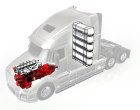 Transparent semi with red hydrogen engine inside