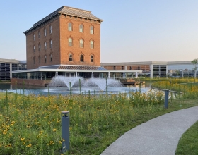 Este espacio verde junto al edificio de las oficinas corporativas de Cummins es parte de la decisión de la compañía de optar por paisajes que no consumen mucha agua.