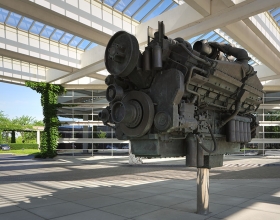engine in front of office building