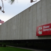 Cummins logo at the entrance of Fridley plant