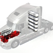 Průhledný nákladní automobil s červeným vodíkovým motorem uvnitř
