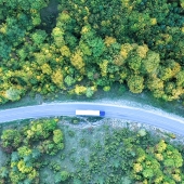 Ein Sattelschlepper fährt auf einer kurvenreichen Straße durch den Wald