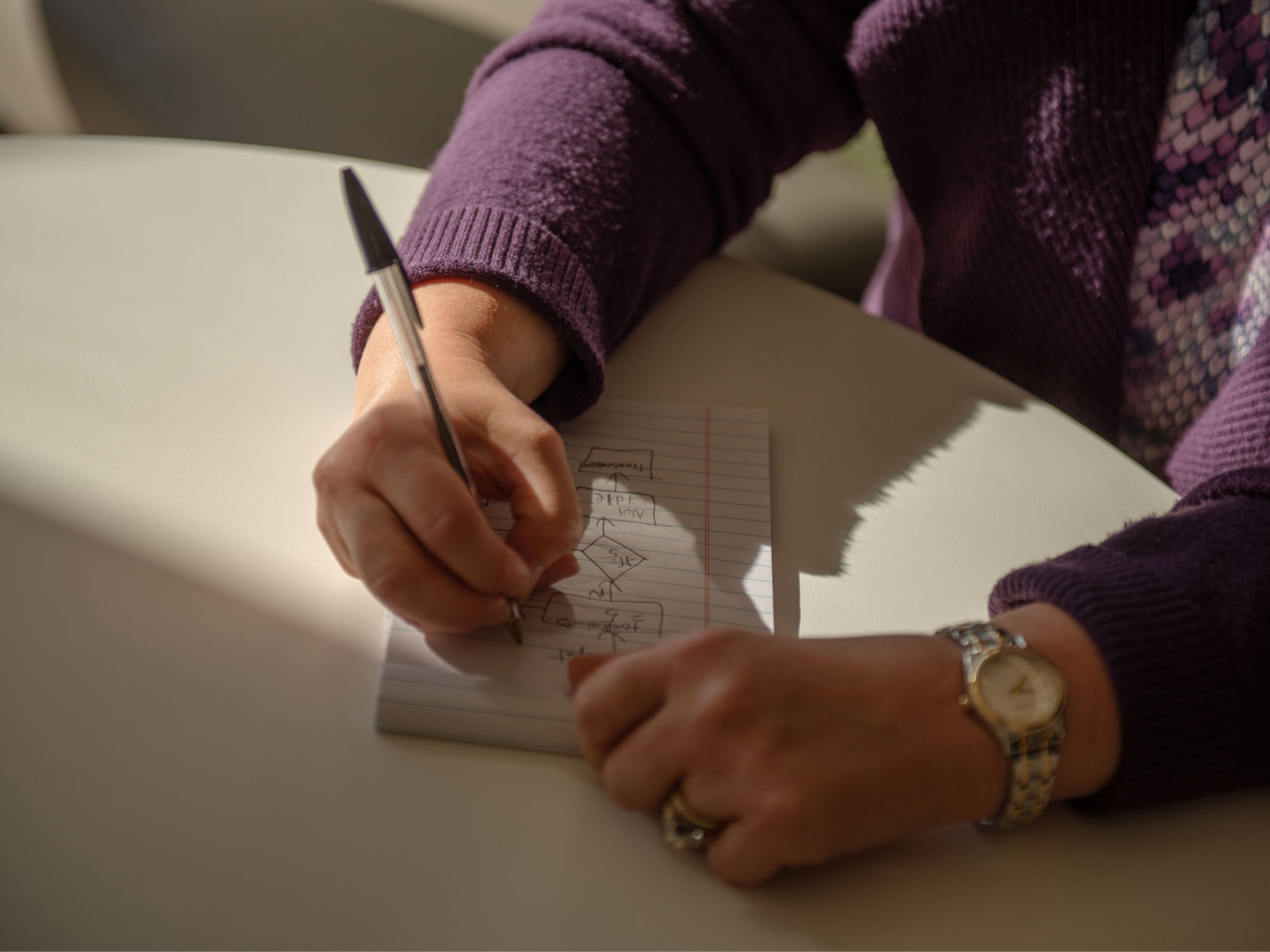Hands sketching a prototype design in a notebook