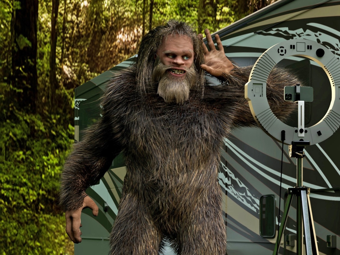 bigfoot making social media content while camping with RV