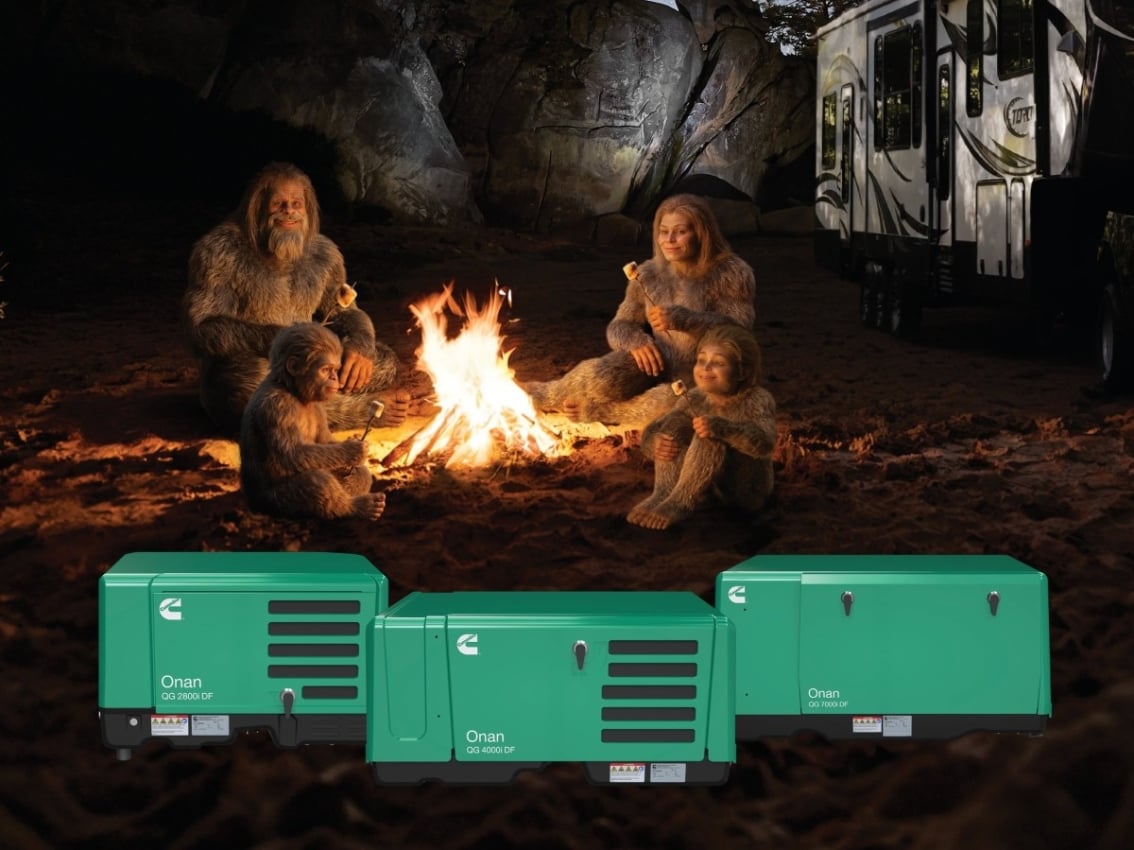 cgi image of sasquatch family sitting around camp fire with onan rv generators